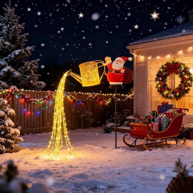 Christmas Solar Kettle Lights, Light Solar Santa Claus Watering Can LED Light, Waterproof Solar Powered Lawn Decorative Lights for Outdoor Christmas Pathway Decoration (Warm White C, Kettle Lights)