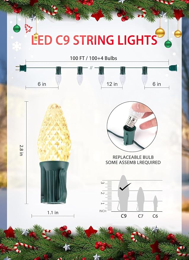 Minetom C9 Christmas String Lights, 100 Ft LED Commercial Outdoor Christmas Lights with 100 Strawberry C9 Bulbs, Waterproof Connectable UL Certified for Outdoor Indoor Roofline Backyard Xmas Decor