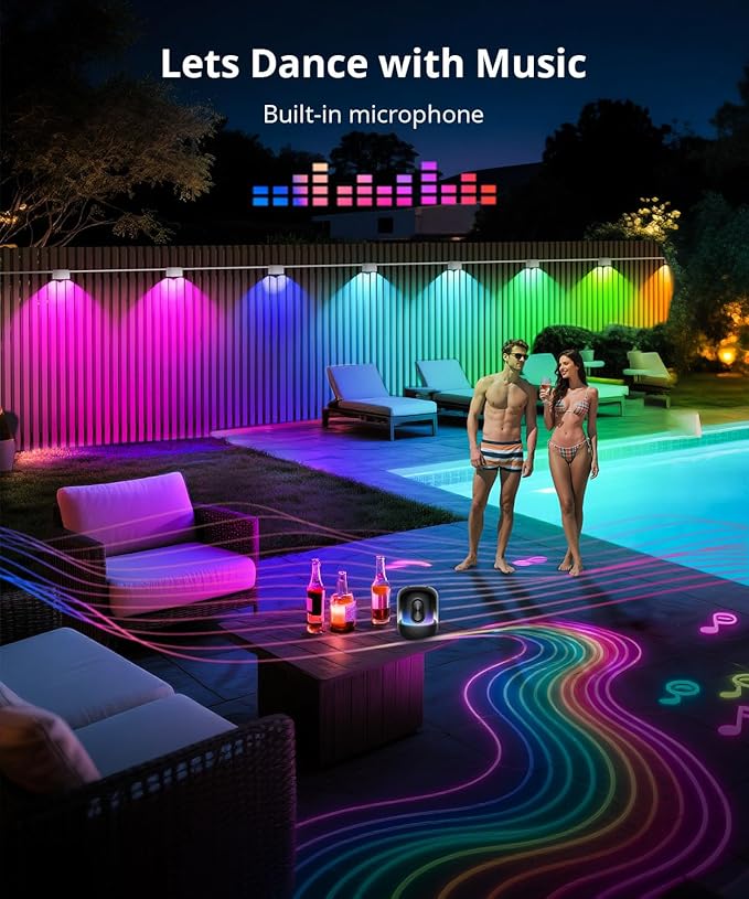 Outdoor Deck Lights 8 Packs, Smart RGBCW Fence Light, 100+ Scene Modes, Dual Lens LED String Lights with | Lumora