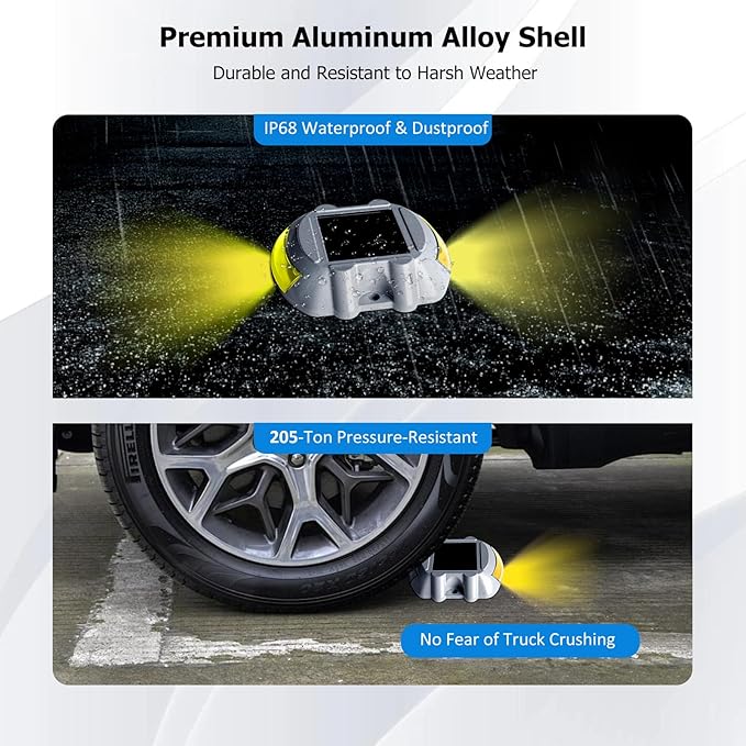 JIGUOOR Solar Deck Lights LED Driveway Lights Solar Powered Dock Light Outdoor IP68 Waterproof Road Markers for Step Sidewalk Stair Boat Garden Ground Pathway Yard (Yellow, 1 Pack)