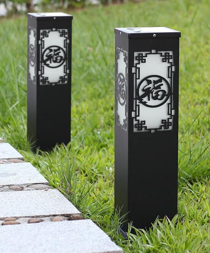 Solar Landscape Lighting Outdoor Solar Pathway Lights with IP65 Waterproof Stainless Steel Path Lamp Chinese Style Glass Solar Bollard Lantern for Courtyard Balcony Driveway Garden