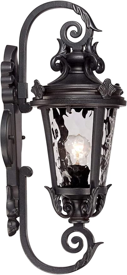 John Timberland Marseille Traditional Outdoor Wall Light Fixture Black Steel Scroll 19" Clear Hammered Glass | Lumora