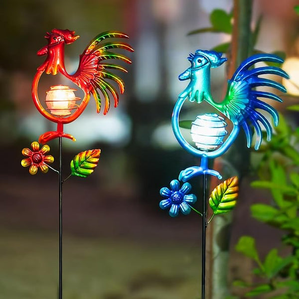 Rooster Solar Garden Lights, 2 Pack Metal Solar Stake Light, 27" H Outdoor Chicken Statues Figurine Lights for | Lumora