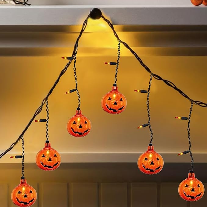 SUNSGNE 7FT Halloween Pumpkin String Lights, 25 Mini Orange Light Bulbs with 10 Plastic Pumpkins Lights for Indoor Outdoor Halloween Christmas Decorations