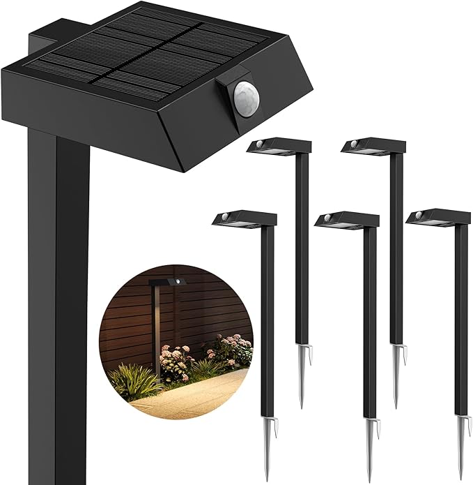 XMCOSY+ Solar Pathway Lights with Motion Sensor 6 Pack, 300LM 24H Illumination Metal Solar Lights Outdoor Waterproof, 3 Modes Landscape Lighting for Garden, Backyard, Outside, Path (Warm/Cool White)