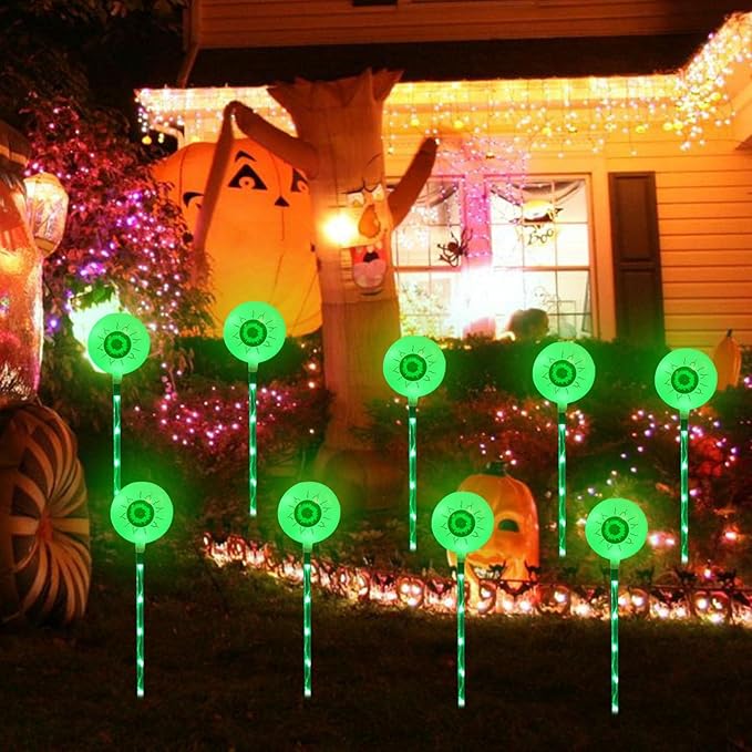 6Pcs Solar Powered Halloween Eyeball Pathway Lights for Halloween Decorations, Solar Stake Lights Solar for Garden Yard Patio Pathway (Green)
