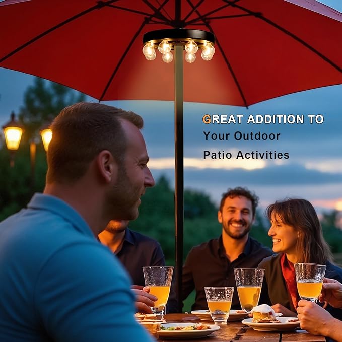 Umbrella Lights Outdoor Patio, Rechargeable Cordless with Dimmer &Timer, 8 Bright Warm White LED Bulbs Perfect for | Lumora