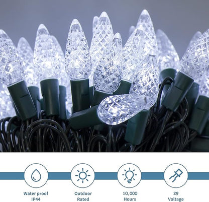 WATERGLIDE C6 Christmas Lights, 33ft 100 LED Faceted String Lights Green Wire Fairy Lights with 29V Safe Adaptor, 8 Lighting Mode, Waterproof for Indoor Outdoor Patio Xmas Tree Party Decor, Cool White