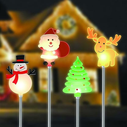 Glintoper 4 Pack Solar Christmas Figurine Lights, Outdoor Lighted Decorative Santa Claus, Snowman, Xmas Tree & Reindeer with Garden Stakes, Warm White LED Lighting Yard Stake for Path Lawn Patio Decor