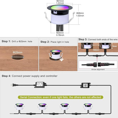 FVTLED LED Deck Lights Kit, Φ1.22 Low Voltage WiFi Pixel RGBW+IC Multi-Color Dynamic Deck Lighting with Remote Control, IP67 Waterproof Outdoor Step Lights DC12V for Garden,Steps,Stair(6 Pack, Black)