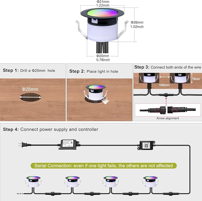 FVTLED LED Deck Lights Kit, Φ1.22 Low Voltage WiFi Pixel RGBW+IC Multi-Color Dynamic Deck Lighting with Remote Control, IP67 Waterproof Outdoor Step Lights DC12V for Garden,Steps,Stair(10 Pack, Black)