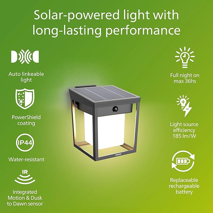 Philips Solar LED 1-Pack Ultra-Efficient Wall Lantern - Blaise, Dusk to Dawn, Automatically Linkable, Daylight and | Lumora