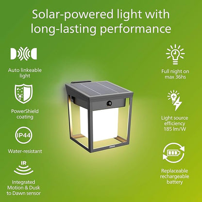 Philips Solar LED 1-Pack Ultra-Efficient Wall Lantern - Blaise, Dusk to Dawn, Automatically Linkable, Daylight and Motion Sensor, 3000K Bright White Light, IP44, Anthracite