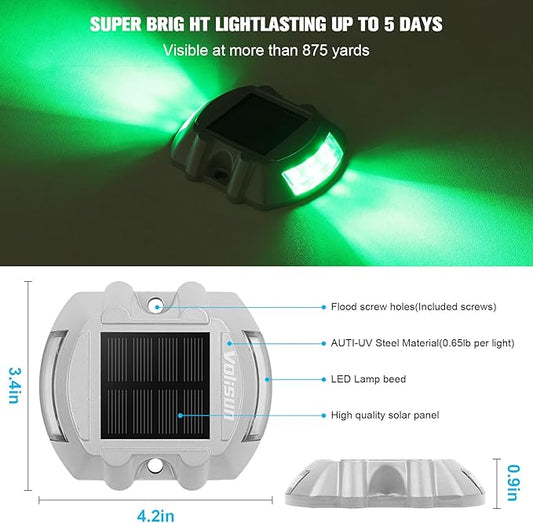 VOLISUN Christmas Solar Deck Lights Driveway Dock Lights, 4-Pack Led IP68 Waterproof Outdoor Warning Step Light for Driveway Sidewalk Garden Pathway Yard(Green, Auto On/Off