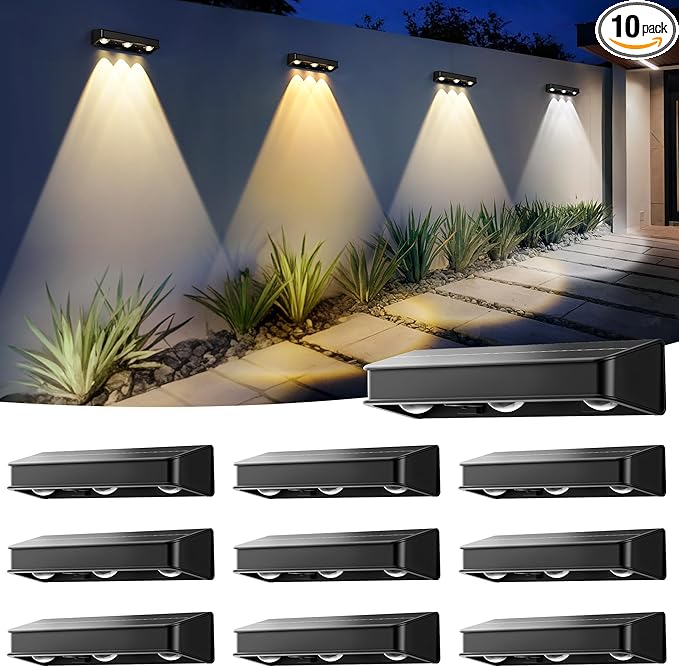 Solar Wall Lights,100 LM Solar Fence Lights Outdoor Solar Powered with Ultra-Bright LED Lens 1200 mAh Waterproof IP65 for Outside,Backyard,Patio,Porch,Yard,Garden,Railing 10 Pack (6 Modes)