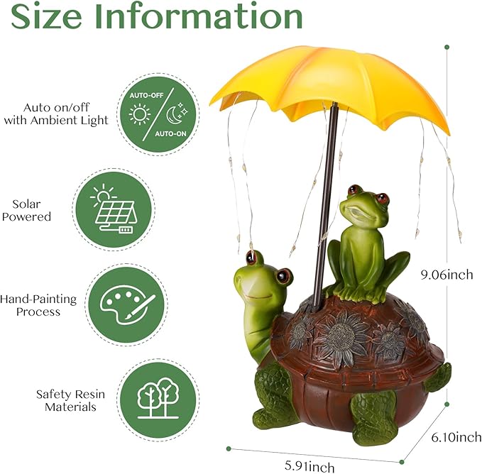 Solar Garden Statues Decor Turtle & Frog with LED Lights and Umbrella, Outdoor Garden Statues, Yard Statue Decorations for Patio, Balcony Housewarming, Lawn Ornaments Gifts for Women
