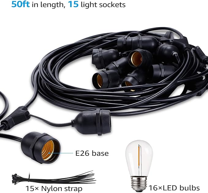 TORCHSTAR 50FT Outdoor String Lights Commercial Great Weatherproof with 15xE26 Sockets & 16 Vintage Edison LED | Lumora