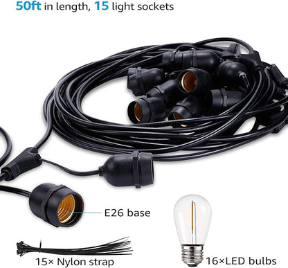 TORCHSTAR 50FT Outdoor String Lights Commercial Great Weatherproof with 15xE26 Sockets & 16 Vintage Edison LED Bulbs, UL Listed Heavy-Duty Decorative Strand for Cafe Patio Garden Porch Backyard Party