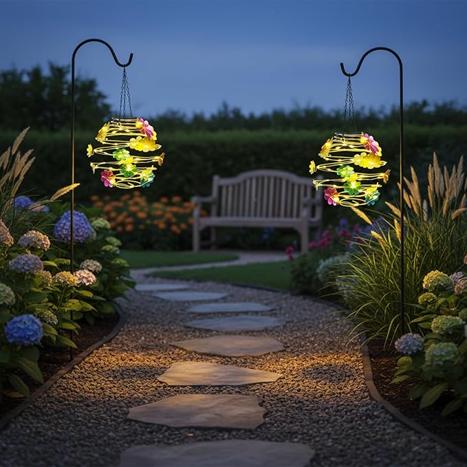 2 Pack Solar Lanterns Outdoor Waterproof , 30LEDs Hanging Solar Lights with Flower for Garden Patio Yard Decor, Gift for Grandma Gardeners Women