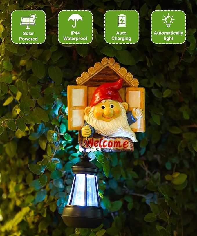 Gnome Tree Hugger with Solar Lantern - 10.6 Inch Resin Gnome Statue for Outdoor Garden Decor, Ideal Gnome Gifts and | Lumora