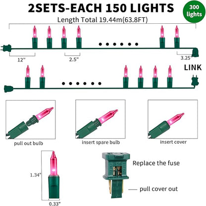 Ultra-Bright Connects End to End Pink Christmas Mini Light 300L 63.8Ft(2Sets-Each 150L)UL Listed Incandescent Bulb String Light for Indoor Outdoor Holiday Garden Party Christmas Tree Decor