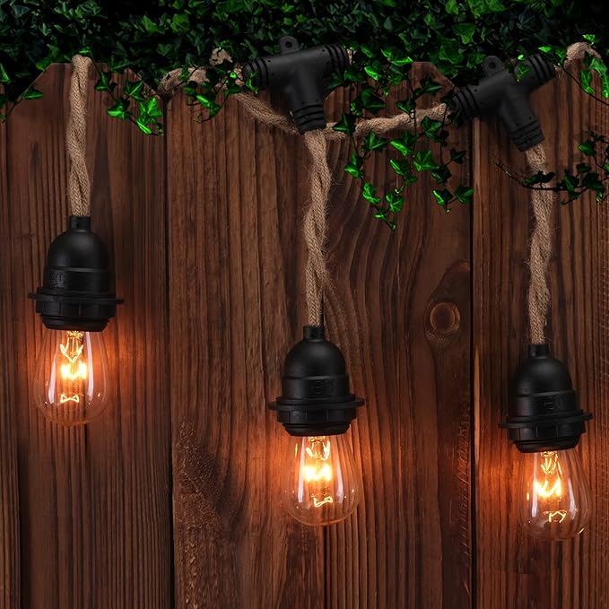 EE Eleven Master 48 FT Hemp Rope Outdoor String Lights Waterproof Patio Lights with 15 Shatterproof Heavy-Duty Commercial Grade Connectable Weatherproof E26 S14
