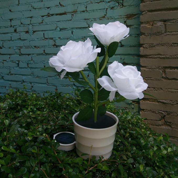 LED Solar Power Decorative Artificial Rose Flower Pot Plant Landscape Light Night Lamp Outdoor Garden Yard Pathway Lawn Grassland White
