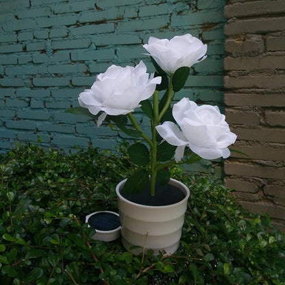 LED Solar Power Decorative Artificial Rose Flower Pot Plant Landscape Light Night Lamp Outdoor Garden Yard Pathway Lawn Grassland White