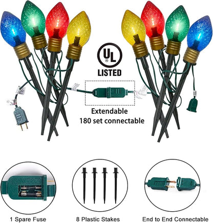 2 Pack Jumbo C9 Christmas Pathway Lights Outdoor, 7FT LED With Marker Stakes, Diamond Pattern Multicolor Light Bulb for Lawn Yard Garden Christmas Decor