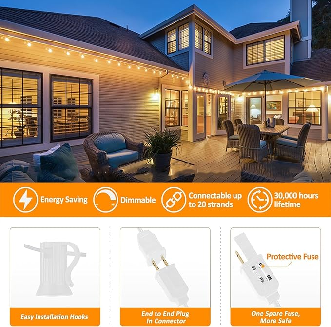 200 Feet White String Lights for Outside G40 Patio Lights Waterproof with 100+4 Replaceable Shatterproof Warm Yellow Globe Bulbs for Wedding Pergola Porch Backyard, White Cord, Linkable
