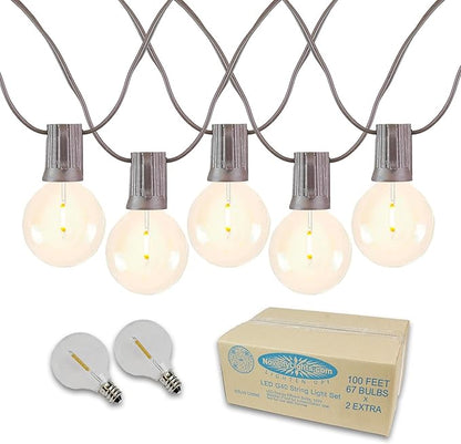 Novelty Lights 100 Feet G40 LED Patio String Light Set with 67 Bulbs, Warm White, Weather Resistant and Shatterproof Replaceable Plastic Globe Bulbs, Brown Wire