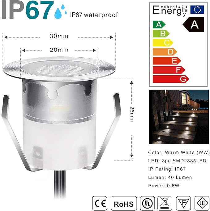 Low Voltage LED Recessed Deck Lighting Kit,Stainless Steel Waterproof Recessed Wood Decking Stairs Garden Yard Patio Decor Lamp Outdoor Warm White LED Lighting, Pack of 10