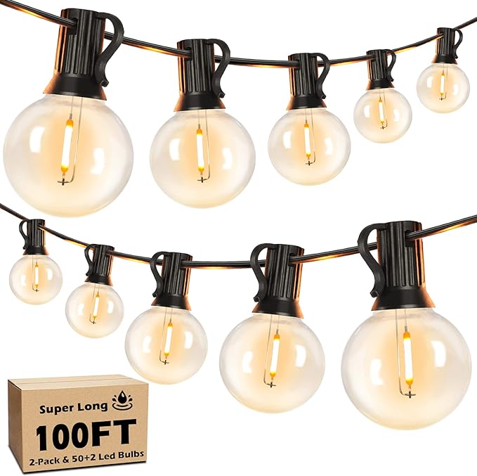 100FT LED Outdoor String Lights Patio Light with 52 Shatterproof G40 Dimmable Globe Bulb, 2-Pack 50FT Waterproof | Lumora
