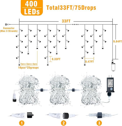 33ft Icicle Lights for Outside, Red and White Christmas Lights Outdoor Indoor, 400 LED Twinkle String Light with 75 Drops Short Curtain Light for Thanksgiving Room Home Wall Bedroom Window Decoration