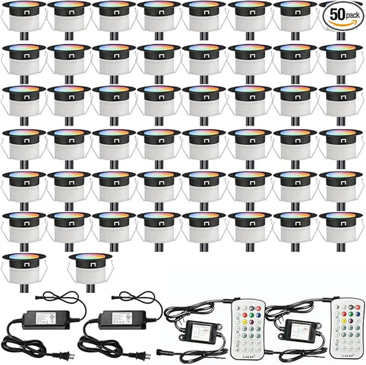 FVTLED Low Voltage Recessed RGBW Deck Light, 50pcs Φ1.22 RGB & Warm White Stainless Steel Waterproof Outdoor Step Lighting In-ground Landscape Pathway Patio Stair Decor Lamp, Black