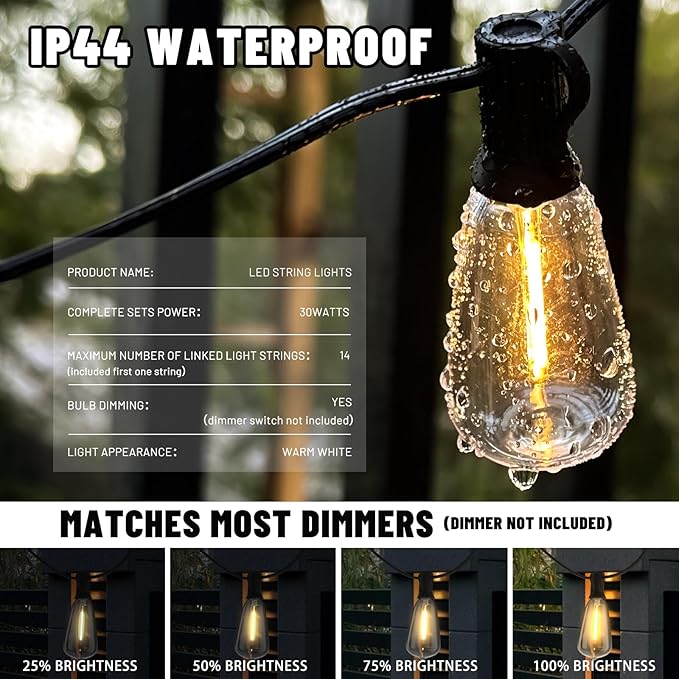 100+10FT LED Outdoor String Lights, Patio Deck Lights with 50+2 Shatterproof ST38 Edison Bulbs, Dimmable Warm White | Lumora