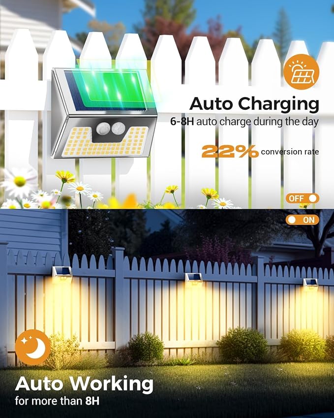 12 Pack Solar Lights Outdoor Motion Sensor, Waterproof Fence Lights 3 Lighting Mode, Warm White LED Outside Lights | Lumora