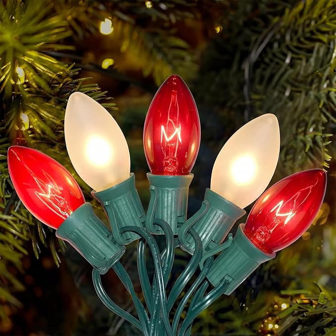 25Ft C9 Christmas Lights Outdoor, Vintage Multicolor String Lights with 26 C9 Clear Red/Frosted White Bulbs for Christmas Tree, Roofline, Garden, Patio, Cafe, Xmas Decorations