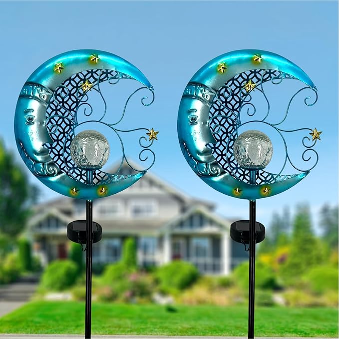 Solar Garden Lights Outdoor Waterproof Pathway Lights Moon Lantern with Crackle Glass Glass Globe Led Warm Light for Walkway,Backyard,Patio,Lawn,Pathway Decoration（Blue）