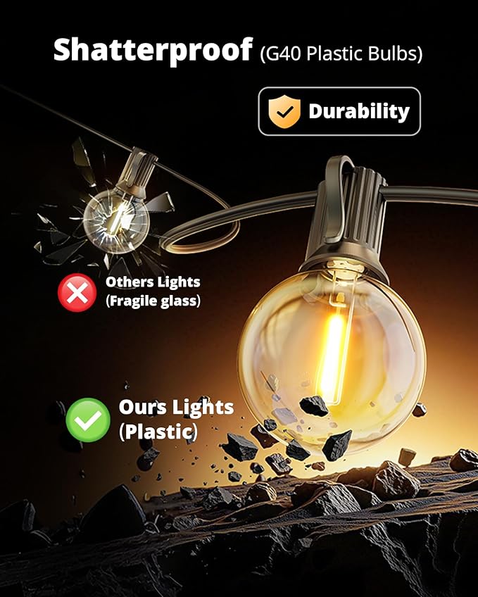 VIPAR Outdoor String Lights, 30FT 13 G40 Bulbs Patio Lights Outdoor Waterproof, Shatterproof Connectable LED Outside Hanging Light for Balcony, Backyard, Porch, Garden, Deck, Bistro, 2700K Dimmable