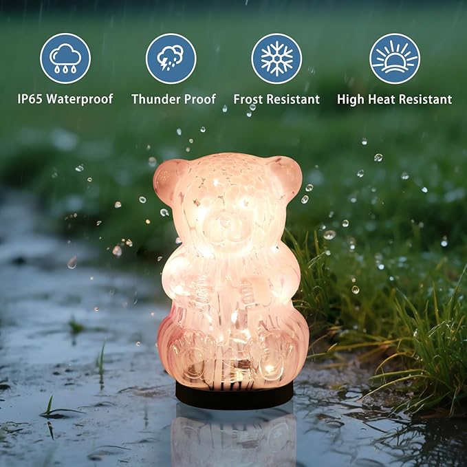Solar Lights Outdoor, Cracked Glass Bear Lights for Garden, Outside, Decorative LED Decorations for Patio and Yard Lawn Backyard Decor, Waterproof, Pink