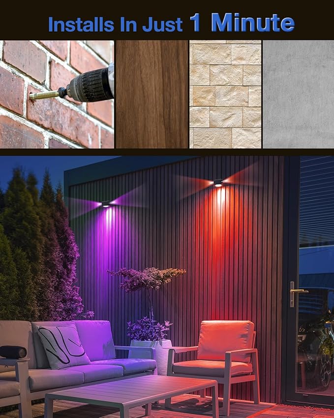 Color Changing Solar Fence Lights Outdoor Decorative LED Waterproof for Wall, Deck, Patio, Rail, Stair, Yard, Pool with 8 Colorful Modes and Easy 1-Minute Installation 4 Pack