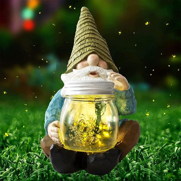 Solar Firefly Jar Gnome Waterproof - Large Garden Gnome Funny Solar Outdoor LED Lights Resin Statues 10.6" Lantern | Lumora
