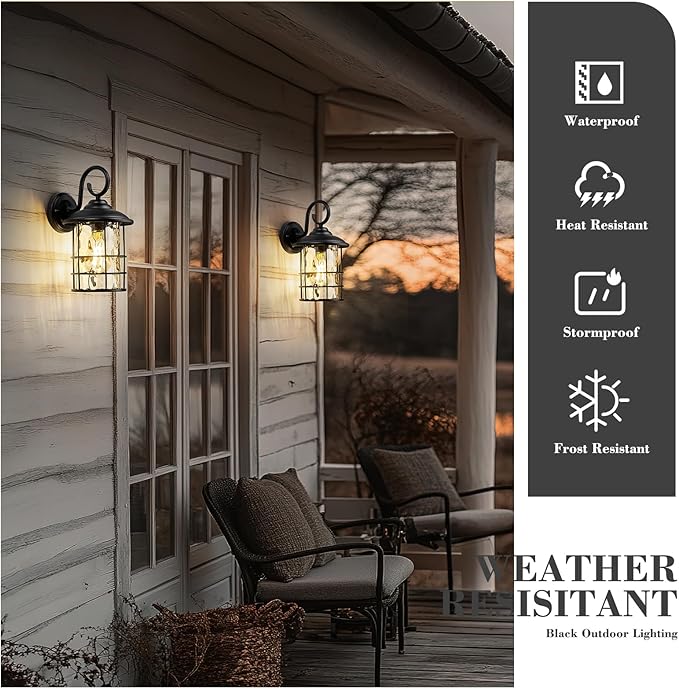 Emliviar 2 Pack Outdoor Black Wall Sconces with Water Ripple Glass, E26 Base, 12.5 Inch Front Door Vintage Wall Lighting for Entryway and Garden, 1803CW2-2PK-WG