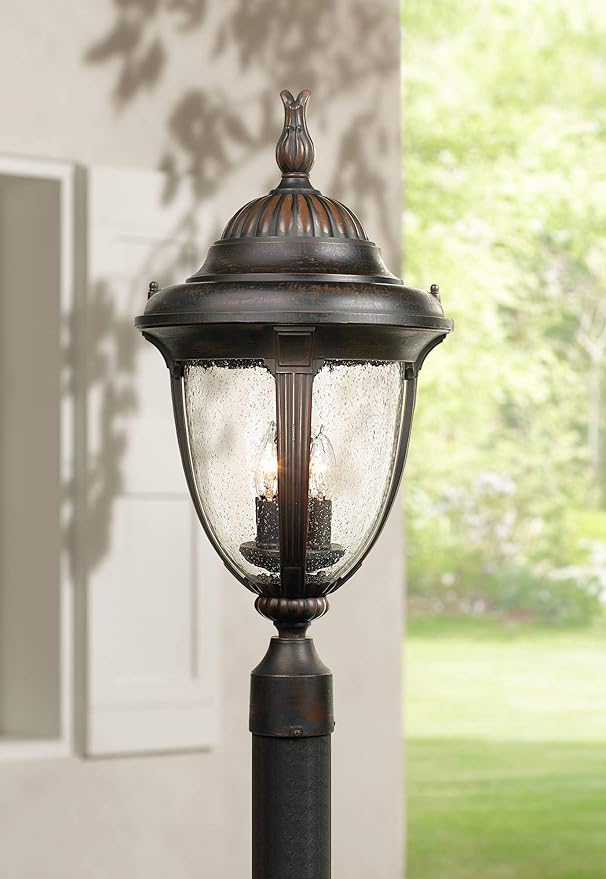 John Timberland Casa Sierra Traditional Outdoor Post Light Fixture Lantern Bronze 24 1/2" Seedy Glass for Exterior | Lumora
