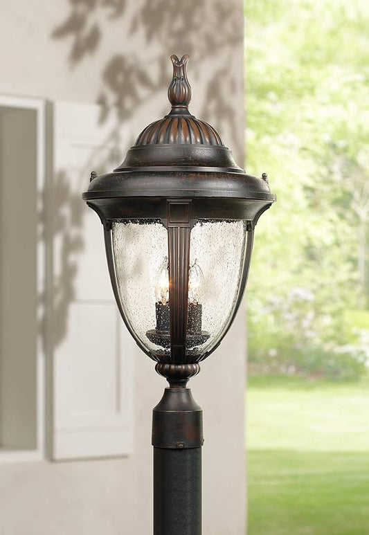 John Timberland Casa Sierra Traditional Outdoor Post Light Fixture Lantern Bronze 24 1/2" Seedy Glass for Exterior House Porch Patio Outside Deck Garage Yard Garden Driveway Home Lawn Walkway