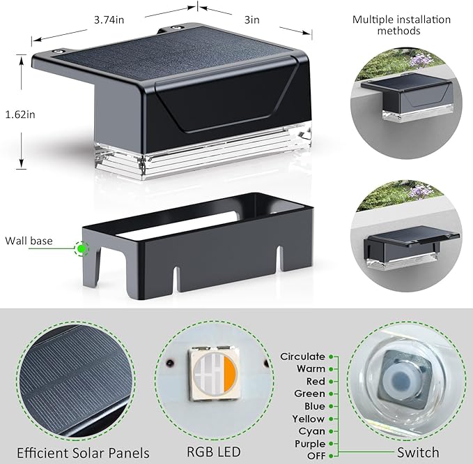 12PK Solar Fence Lights Outdoor Waterproof LED - Warm White & RGB 6 Color, Dusk to Dawn Deck Light, IP65 Waterproof | Lumora