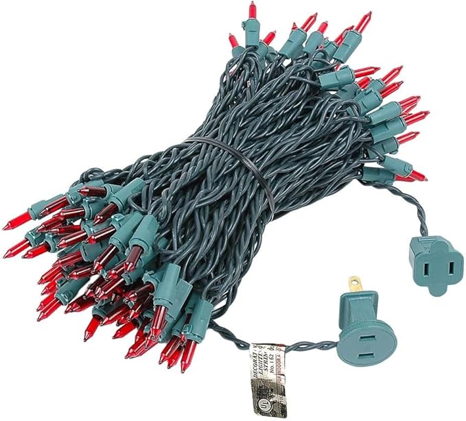 Novelty Lights 50 Feet 100 Bulbs Traditional Incandescent Mini Lights, Red on Green Wire with 6" Spacing, Commercial Grade and UL Listed for Indoor/Outdoor Use, End-to-End Connectable