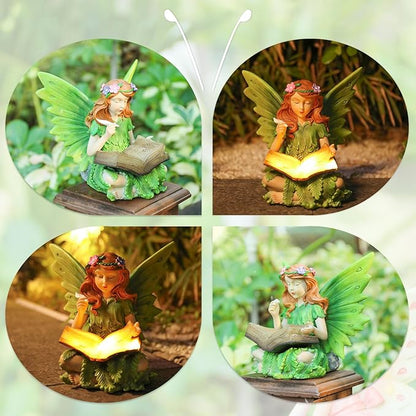 Afirst Solar Garden Fairy Statue, Green Fairy Solar Light Outdoor Resin Statues Figurine Light, Angel Reading Book Sculpture Solar Light for Outside Patio Garden Yard Lawn Decor