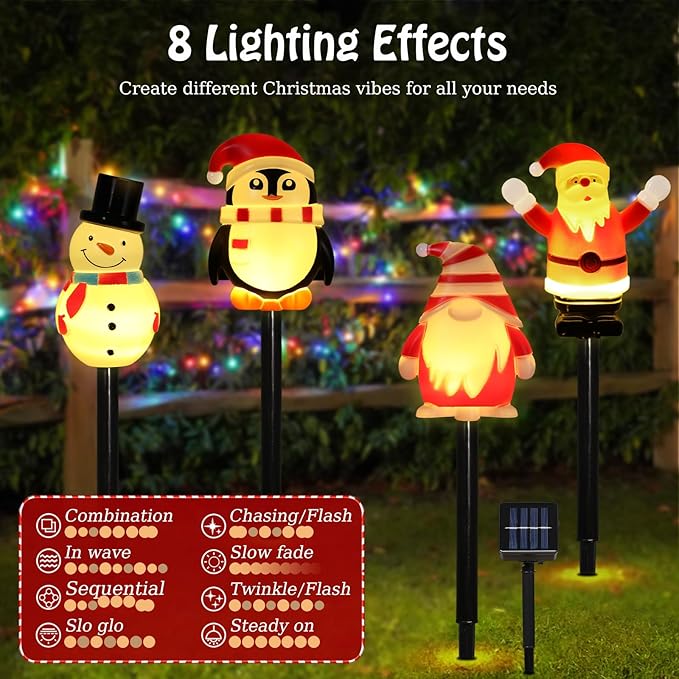 Lewondr 4 Pack Christmas Decorations Outside,Solar Lighted Santa Claus,Snowman,Gnome,Penguin with Garden Stakes,Waterproof Garden Lawn Pathway with 8 Lighting Modes,Yard Decor for Xmas Party,Holiday